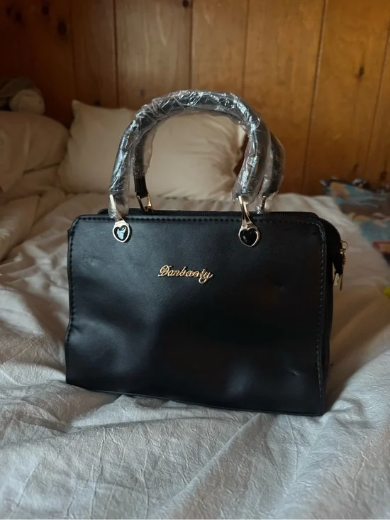 Black Top-Handle Satchel with Gold Accents
