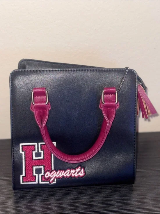 Navy and Magenta Embroidered Satchel Handbag