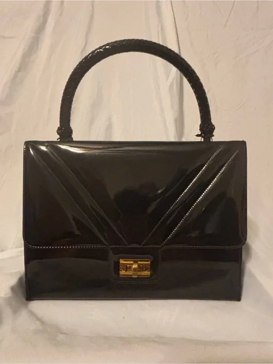 Vintage Mid-Century Crown Lewis Black Patent Satchel with Gold-Tone Lock