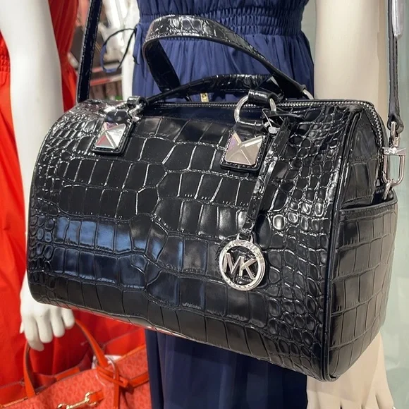 Michael Kors Grayson Medium Crocodile Embossed Leather Satchel Black  NWT