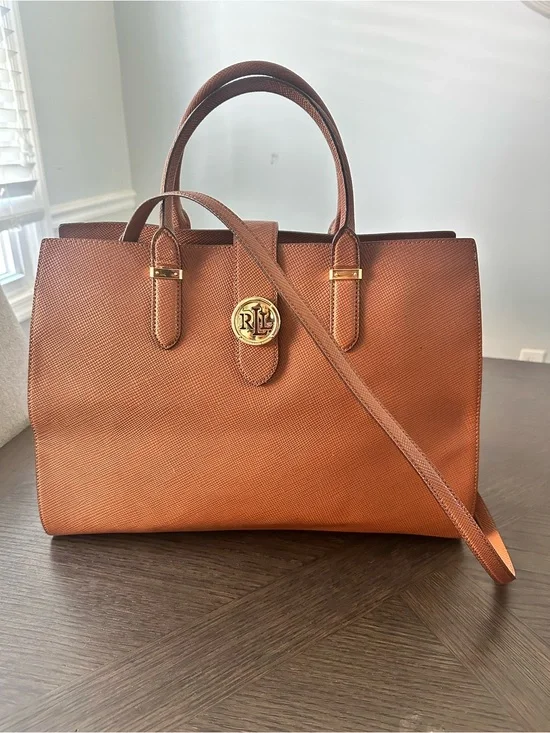 Ralph Lauren Cognac Textured Leather Satchel with Gold Logo