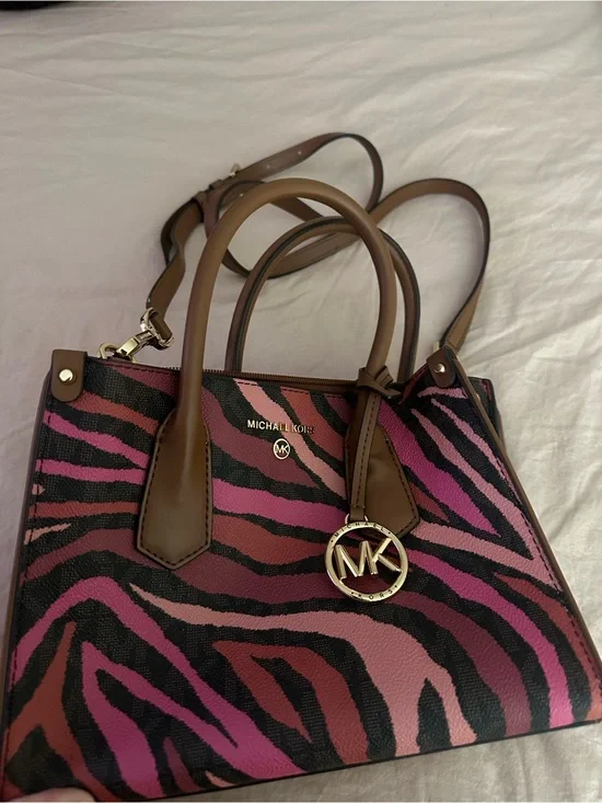 Michael Kors Pink and Black Zebra Print Satchel with Brown Trim