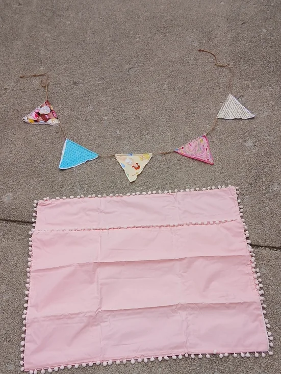 Set of 2 Pink Pom Pom Pillowcases & Handmade Decorative Banner