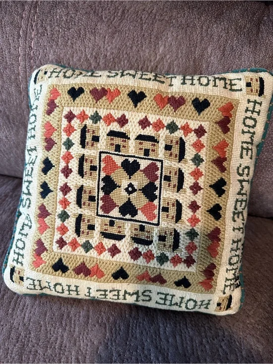 Vintage 1983 Home Sweet Home Cross Stitched Tapestry Pillow Handmade