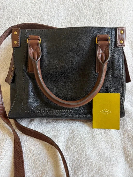 Fossil Black Leather Satchel with Brown Handles and Trim