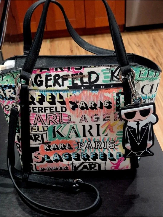 Karl Lagerfeld Black-Trim Multicolor Graphic Satchel