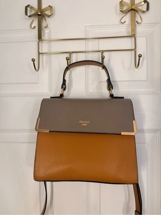 Two-Tone Taupe and Tan Leather Top-Handle Bag