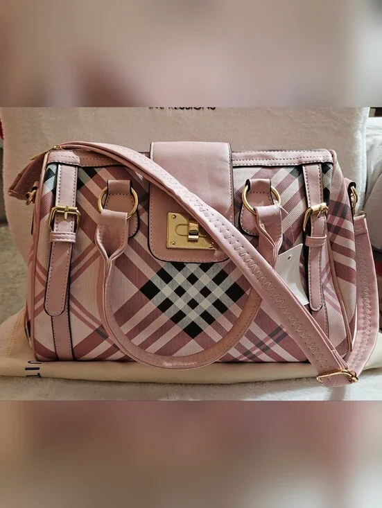 Pink Plaid Satchel Handbag with Gold Hardware