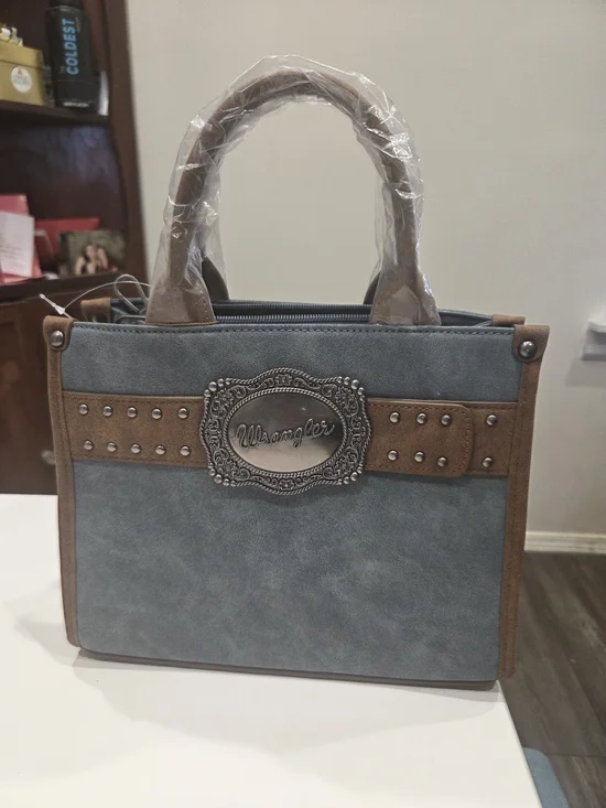 Wrangler Blue and Brown Studded Satchel with Decorative Emblem