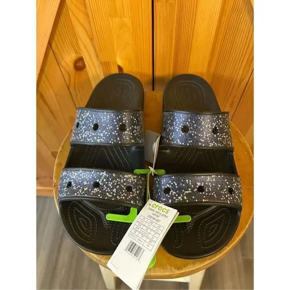 Crocs Classic Starry Glitter Sandals Double Strap Slides Black Blue Mens 12 nwt
