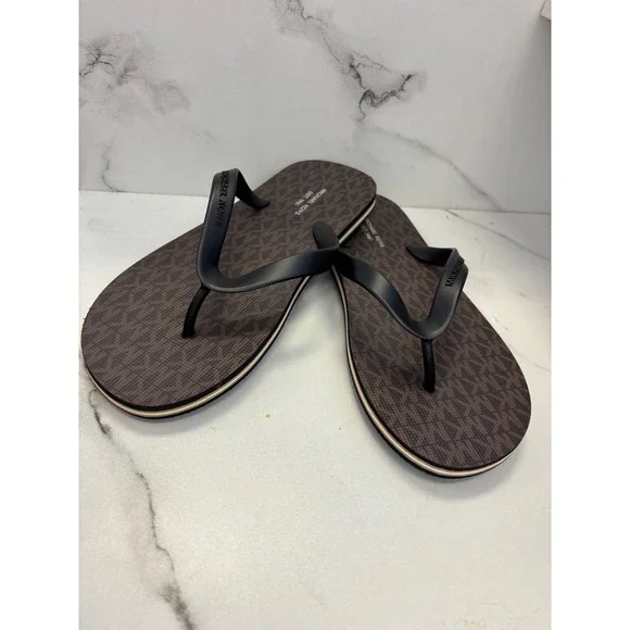 Michael Kors Travis Flip Flops Brown Black MK Logo Sandals 42S2TRFA2Q Mens 8