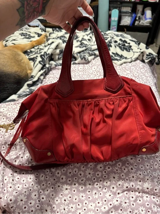 MZ Wallace Red Nylon Gathered Satchel with Leather Trim