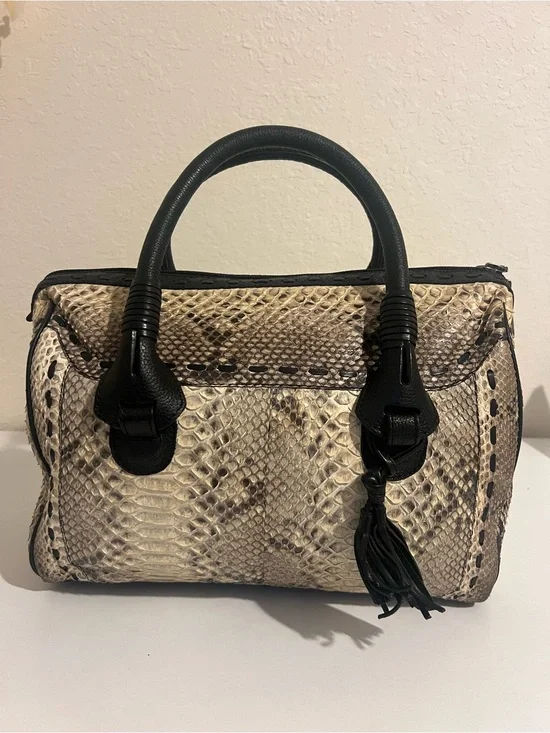 Neutral Snakeskin Satchel with Black Leather Handles