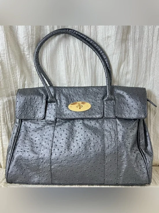 ULE Black Ostrich Embossed Vegan Leather Satchel Turn Lock Top Handle Bag