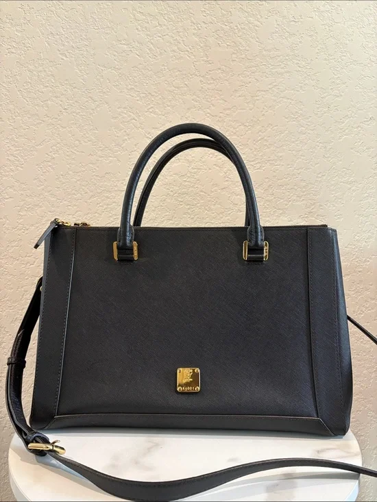 MCM Black Structured Satchel Bag with Gold Hardware