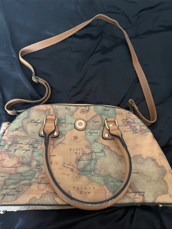 Vintage Map-Print Handbag and Wallet
