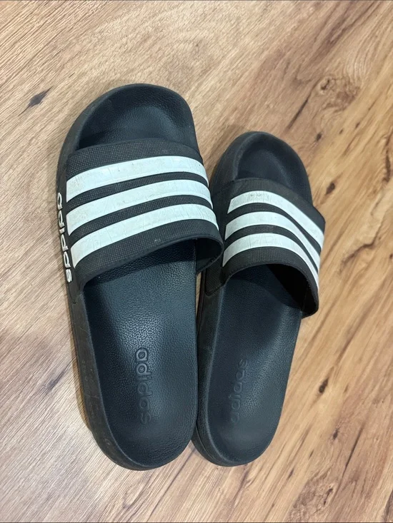 Men’s size 11 adidas Black Slides with White Three-Stripes