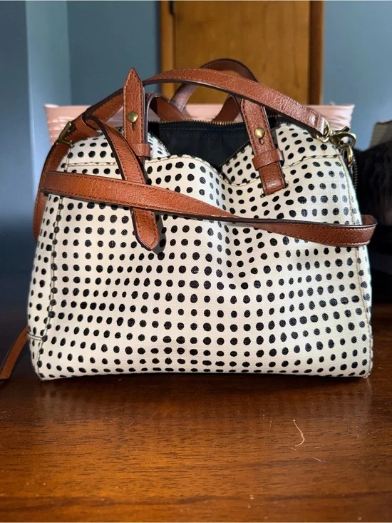 Fossil Black-and-White Polka Dot Satchel with Brown Straps