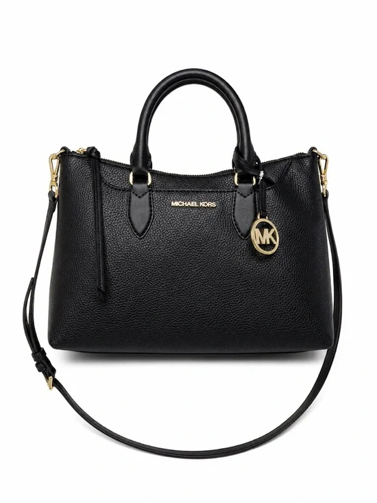 Michael Kors Black Pebbled Leather Dome Satchel with Gold Hardware