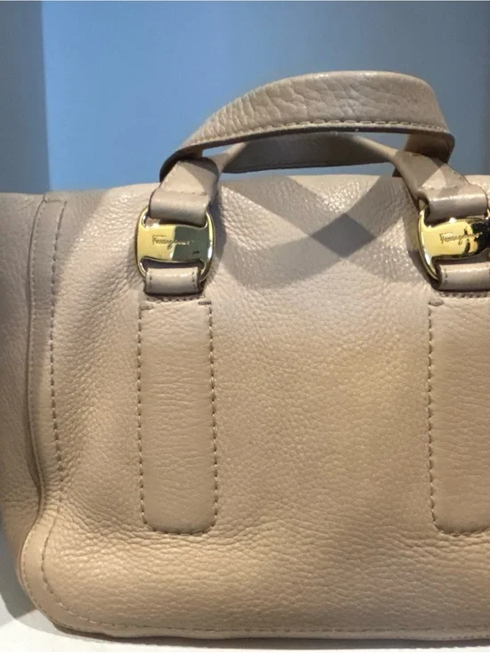 Salvatore Ferragamo Taupe Leather Satchel with Gold Hardware