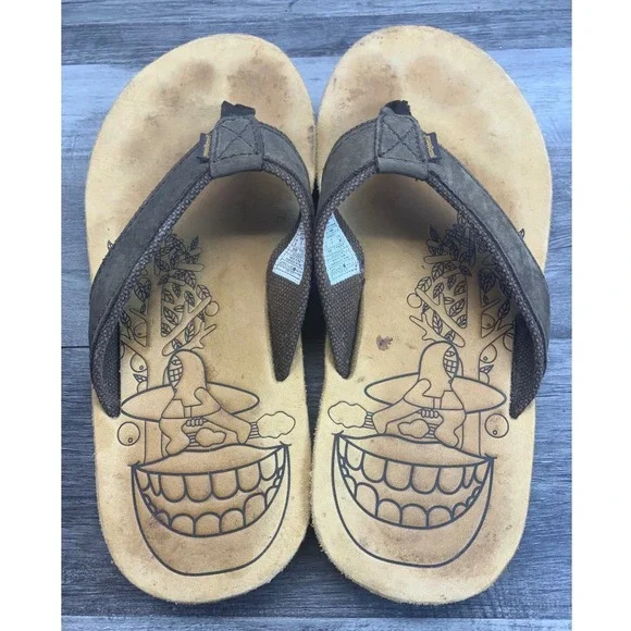Patagonia Thing Thong Mens 8 Alpaca Brown Leather Surfer Graphic Flip Flops