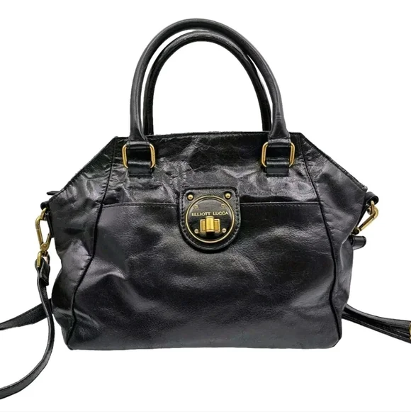 Elliott Lucca Black Satchel with Brass Accents Hardwear. Genuine Leather Pockets