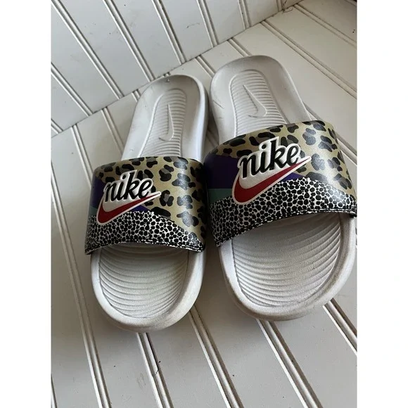 Nike Kawa Slide Sandals White Animal Print Logo Unisex Slip On Slides