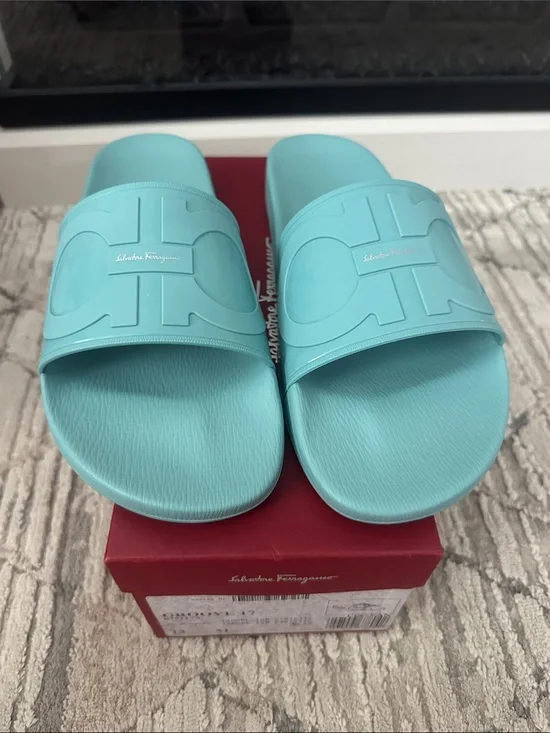Salvatore Ferragamo Turquoise Logo Slide Sandals