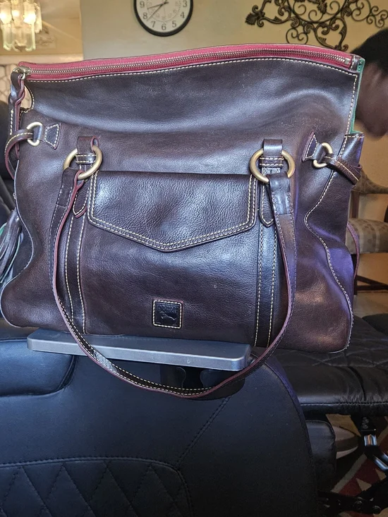 Dooney & Bourke Dark Brown Leather Shoulder Bag with Pink Zip Accent