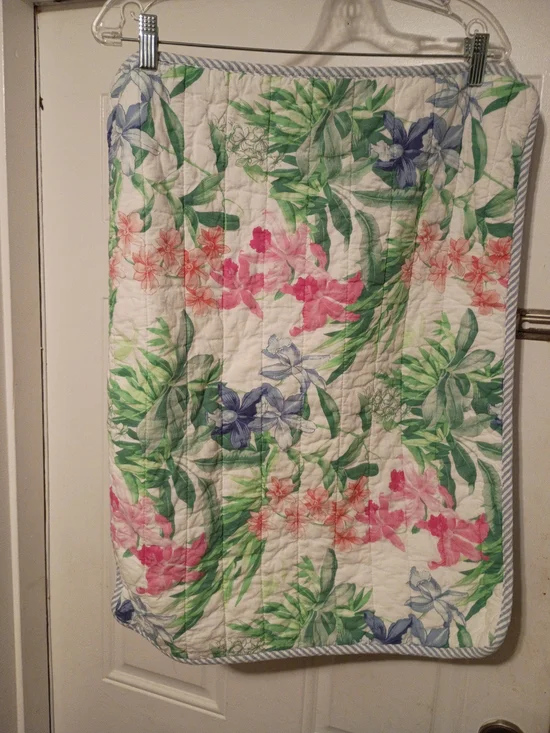 Floral Quilted Bed Throw - White with Pink & Green