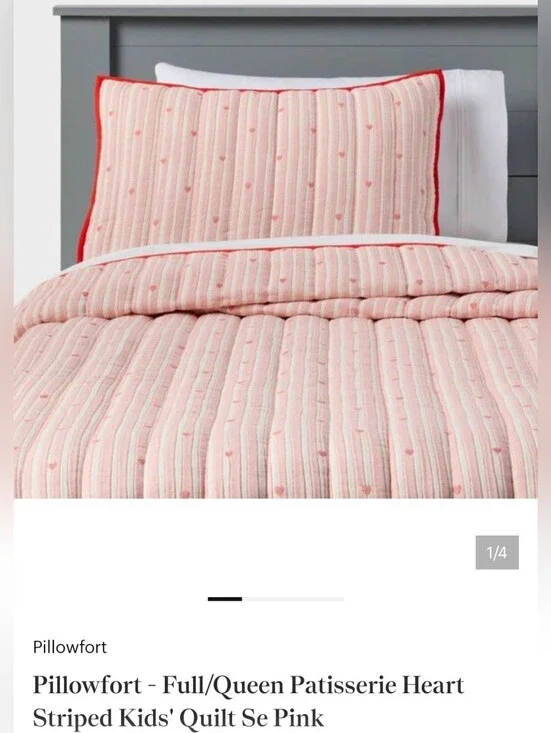 Pillowfort Pink Quilted Heart Stripe Bedspread with Red Trim
