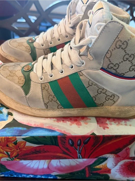 Gucci Beige Canvas High-Top Sneaker with Green and Red Web