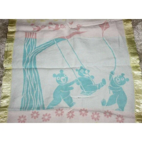 Vintage Baby Crib Blanket Yellow Teddy Bears On A Swing Satin Edge 35x43
