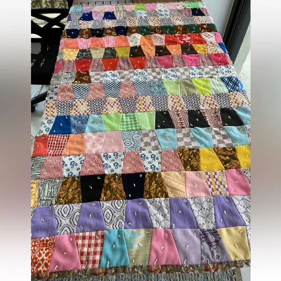 Patchwork Floral Quilt Throw Handmade Cotton Poly Red Black Blue Vintage 70s 80s