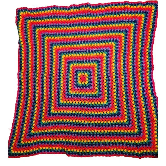 Vintage Handmade Granny Square Crochet Afghan Throw Blanket Rainbow 49 in