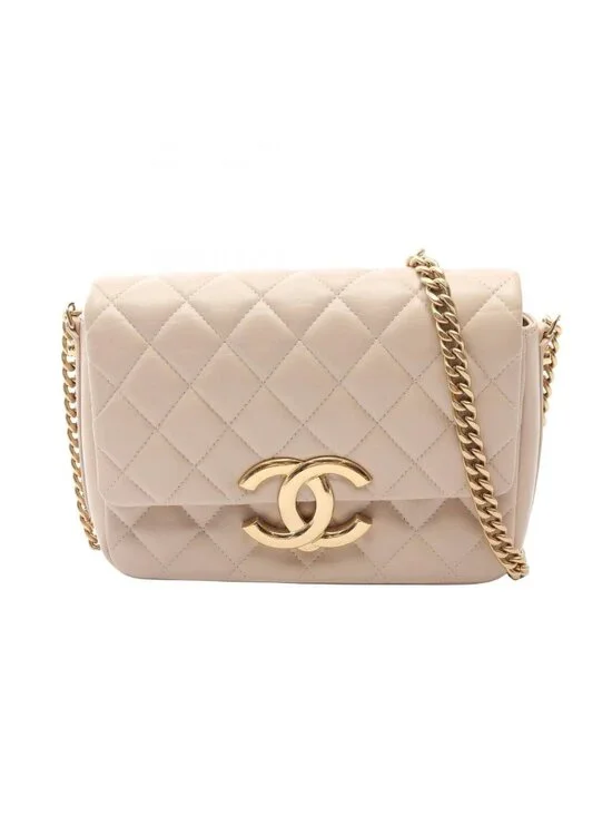 Chanel Shoulder Bag Quilted Beige Leather CC Logo Chain