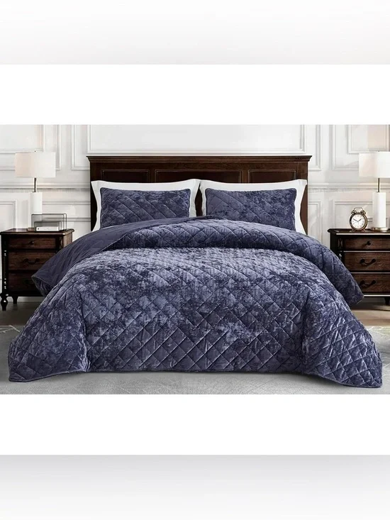 Plush Quilted cal king Velvet 3 piece quilt Set purple