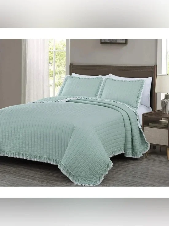 King 3 piece Quilted Bedspread Set with Ruffle Trim 100% cotton