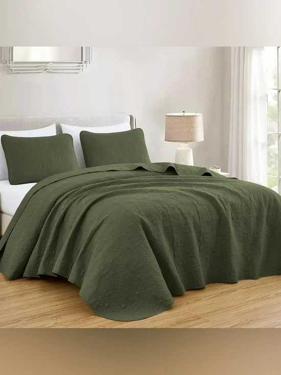 Olive Green Queen 3 piece Quilted Bedspread Set