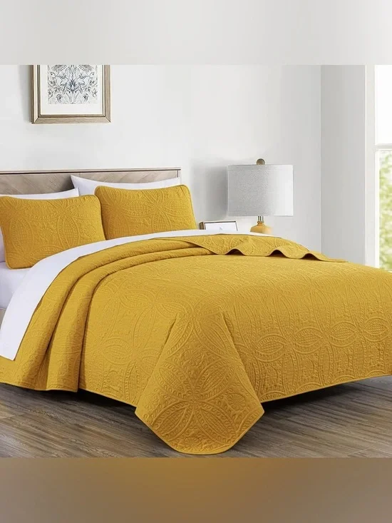 Mustard Yellow 3 piece Queen Quilted Bedspread Set