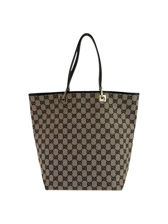 Gucci Black Gold GG Canvas Leather 002 Tote Shoulder