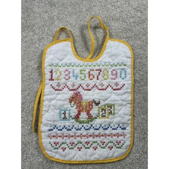 Vintage Hand Embroidered Baby Bib Cross Stitch Numbers Rocking Horse Quilted Bib