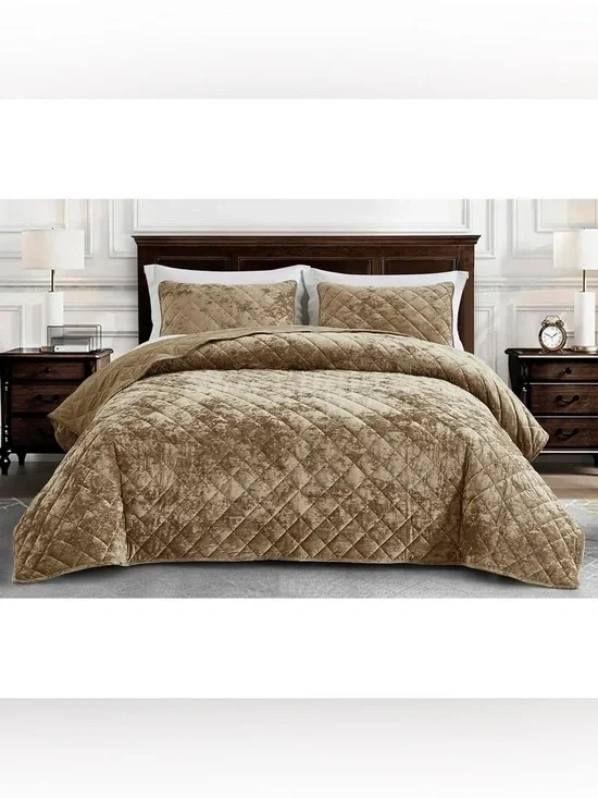 Plush queen 3 piece Quilted Velvet Bedspread Set - Taupe