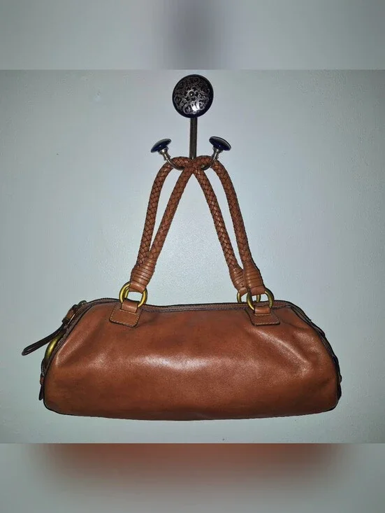 🔥Mint! Cole Haan Cognac Premium Leather Barrel Bag Braided Straps Brass Rings