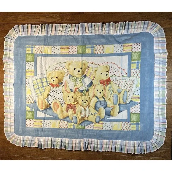 Teddy Bear Family & Rabbits Baby Crib Quilt Finished Unisex‎ Handmade 50x38