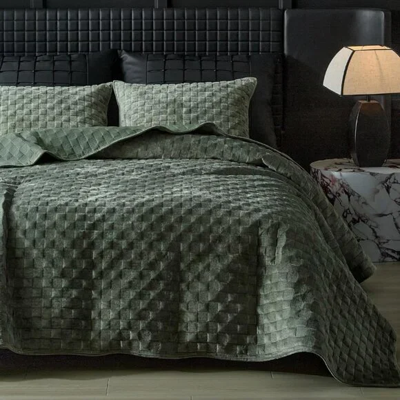 Velvet Quilt Set Green Textured Basketweave Coverlet Luxury Sage Olive Quiet Lux