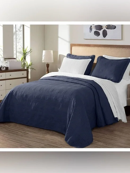 Navy 3 piece Quilted Bedspread Set