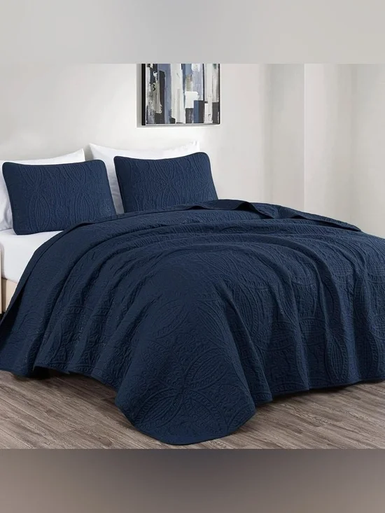 Navy Quilted king 3 piece Bedding Set -