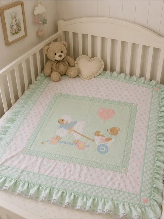 Vintage Baby Pastel Green & Pink Ruffle Crib Quilt - Unbranded