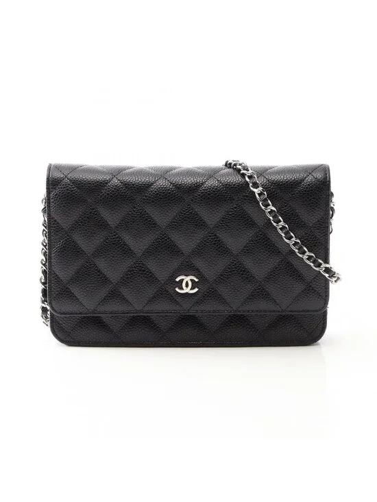 Chanel Shoulder Bag Quilted Black Caviar Leather Chain Wallet